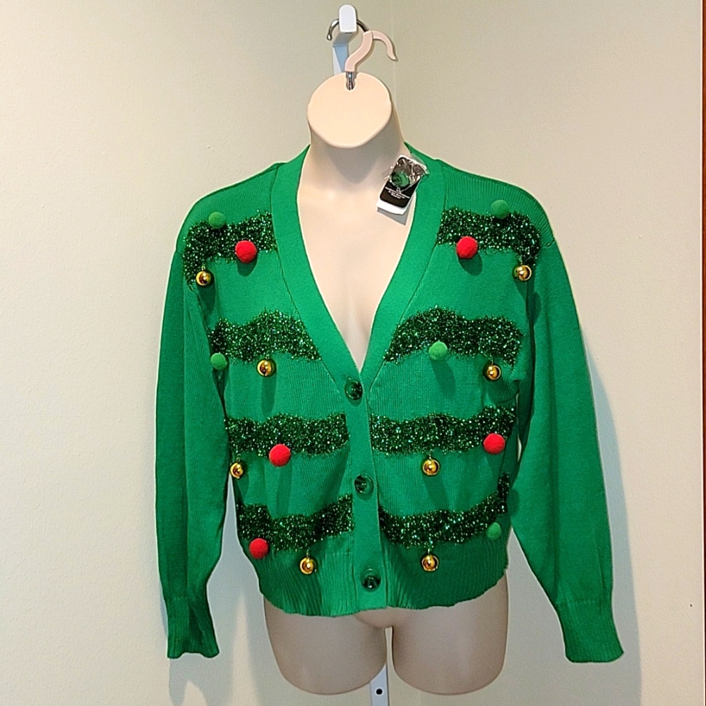 WOMEN'S CHRISTMAS V-NECK  GREEN CARDIGAN